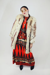 cream faux fur long coat with no closure vintage 1970's