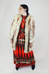 cream faux fur long coat with no closure vintage 1970's