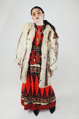 cream faux fur long coat with no closure vintage 1970's