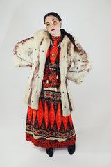 cream faux fur long coat with no closure vintage 1970's