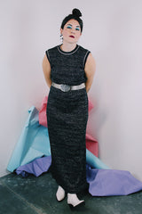 Women's vintage 1970's sleeveless ankle length dress in black with all over silver metallic thread.