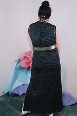 Women's vintage 1970's sleeveless ankle length dress in black with all over silver metallic thread.