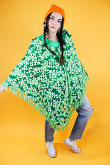 green crochet knit poncho with fringed hem vintage 1970's