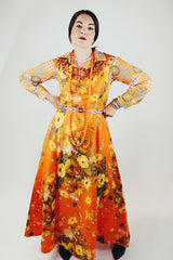 sleeveless orange floral print maxi evening dress with sequin trim vintage 1960's