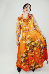 sleeveless orange floral print maxi evening dress with sequin trim vintage 1960's