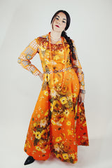 sleeveless orange floral print maxi evening dress with sequin trim vintage 1960's