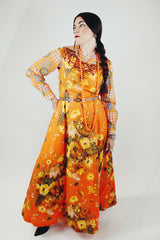 sleeveless orange floral print maxi evening dress with sequin trim vintage 1960's