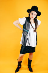 sleeveless black leather vest with beaded fringe hem vintage women's