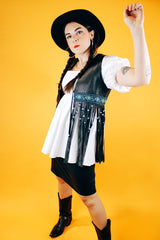 sleeveless black leather vest with beaded fringe hem vintage women's