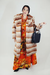 long sleeve long length burnt orange and cream faux fur striped coat vintage 1970's
