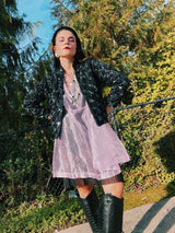 long sleeve open black sequined jacket with mandarin collar women's vintage 1980's