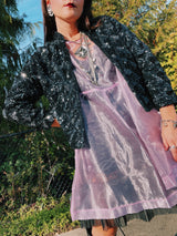 long sleeve open black sequined jacket with mandarin collar women's vintage 1980's