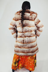 long sleeve long length burnt orange and cream faux fur striped coat vintage 1970's