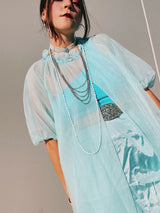 short puff sleeve knee length open nightie robe in blue with ribbon trim around neck women's vintage 1960's