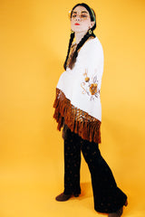 white triangle shawl with brown crochet fringe trim and embroidered flowers vintage 1970's