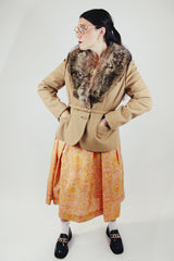 camel colored wool blazer with matching belt and raccoon fur collar trim vintage 1970's