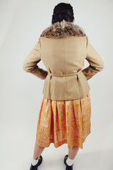 camel colored wool blazer with matching belt and raccoon fur collar trim vintage 1970's