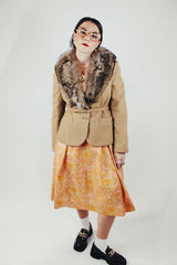 camel colored wool blazer with matching belt and raccoon fur collar trim vintage 1970's