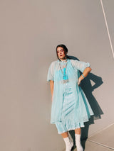 short puff sleeve knee length open nightie robe in blue with ribbon trim around neck women's vintage 1960's