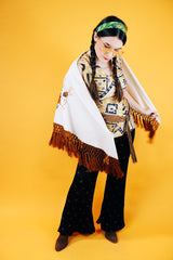 white triangle shawl with brown crochet fringe trim and embroidered flowers vintage 1970's