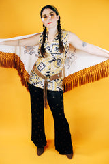 white triangle shawl with brown crochet fringe trim and embroidered flowers vintage 1970's