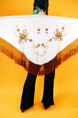 white triangle shawl with brown crochet fringe trim and embroidered flowers vintage 1970's