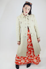 long sleeve knee length light tan trench with gold hardware vintage 1970's saks alley
