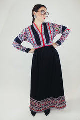 long sleeve v neck maxi dress in black with paisley print vintage 1970's