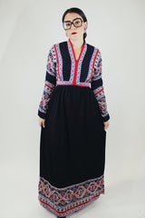 long sleeve v neck maxi dress in black with paisley print vintage 1970's