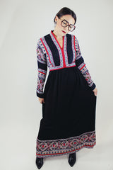 long sleeve v neck maxi dress in black with paisley print vintage 1970's