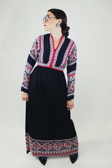 long sleeve v neck maxi dress in black with paisley print vintage 1970's