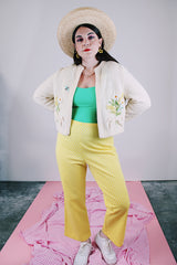 long sleeve cream open front cardigan with embroidered flowers vintage women's 1960's