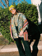 Women's or men's vintage 1970's Montgomery Ward label short sleeves on the long side, button up shirt with pointy collar in an all over abstract print in greens and yellows.