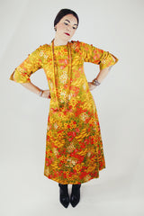 yellow floral printed ankle length dress with cut out sleeves vintage 1960's