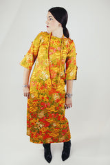 yellow floral printed ankle length dress with cut out sleeves vintage 1960's