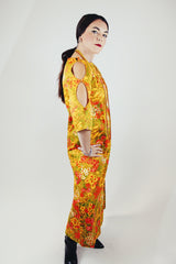 yellow floral printed ankle length dress with cut out sleeves vintage 1960's