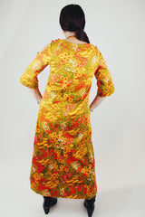yellow floral printed ankle length dress with cut out sleeves vintage 1960's