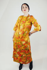 yellow floral printed ankle length dress with cut out sleeves vintage 1960's