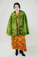 green faux fure poncho with one button closure vintage 1970's
