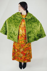 green faux fure poncho with one button closure vintage 1970's