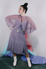 Women's vintage 1980's 100% silk light purple dress with beaded chest, spaghetti straps, V shaped neckline, and a midi length and comes with a matching sheer silk caplet