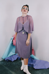 Women's vintage 1980's 100% silk light purple dress with beaded chest, spaghetti straps, V shaped neckline, and a midi length and comes with a matching sheer silk caplet