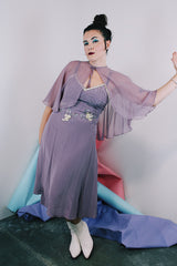 Women's vintage 1980's 100% silk light purple dress with beaded chest, spaghetti straps, V shaped neckline, and a midi length and comes with a matching sheer silk caplet