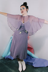 Women's vintage 1980's 100% silk light purple dress with beaded chest, spaghetti straps, V shaped neckline, and a midi length and comes with a matching sheer silk caplet