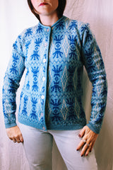 long sleeve wool sweater cardigan in blue jacquard print vintage 1960's buttons up the front