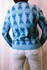long sleeve wool sweater cardigan in blue jacquard print vintage 1960's buttons up the front
