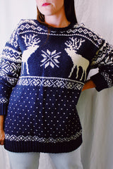 long sleeve pullover sweater navy with white reindeer and snowflake print 1980's vintage