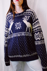 long sleeve pullover sweater navy with white reindeer and snowflake print 1980's vintage