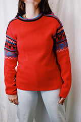 long sleeve vintage red ski sweater 1970's pullover with blue and black reindeer and snowflake print on arms