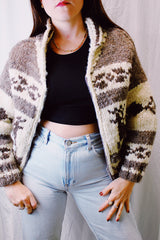 long sleeve vintage 1970's cowichan zip up cardigan sweater with reindeer print